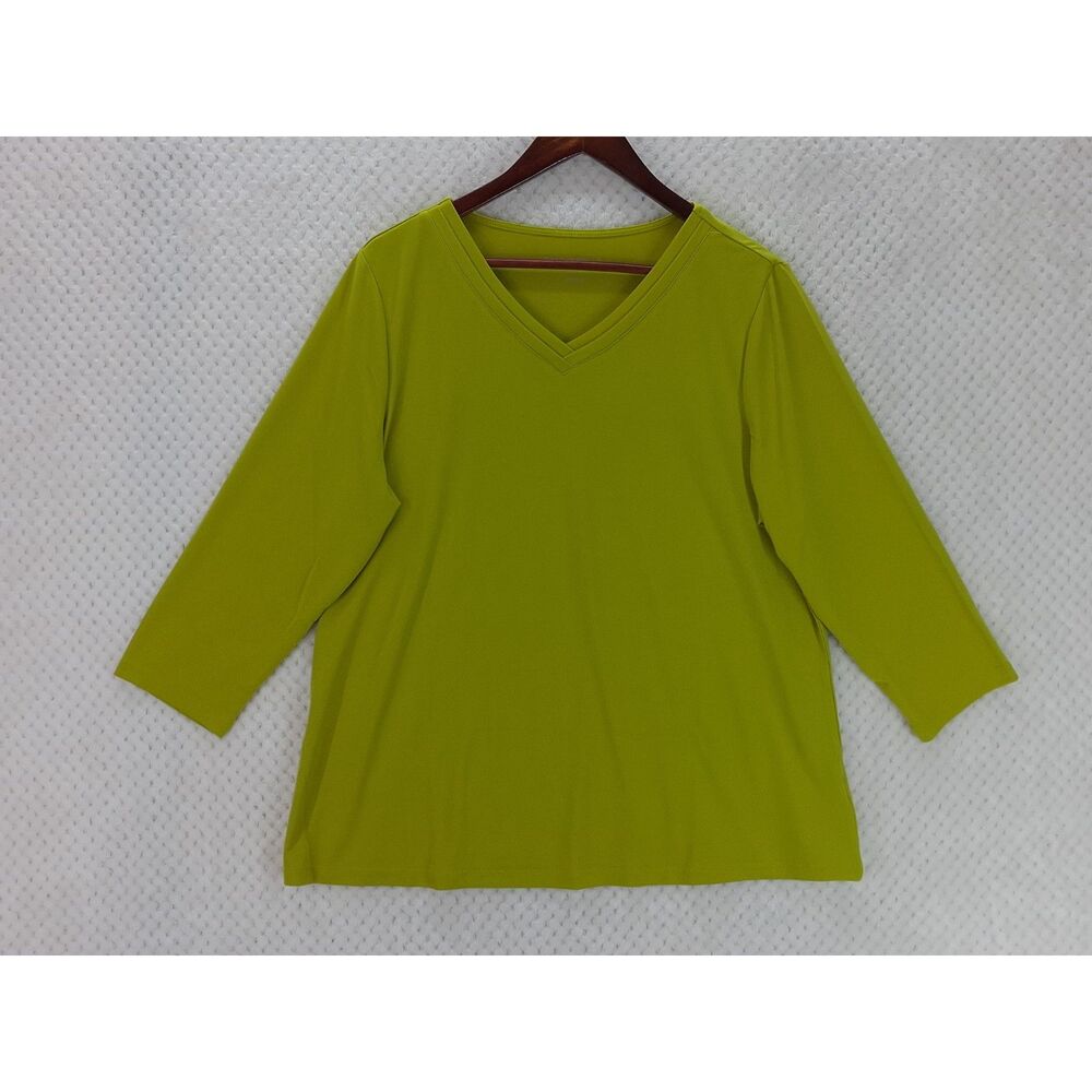 Susan Graver Essentials Liquid Knit V-Neck Top 3/4 Sleeves Women's Large Green